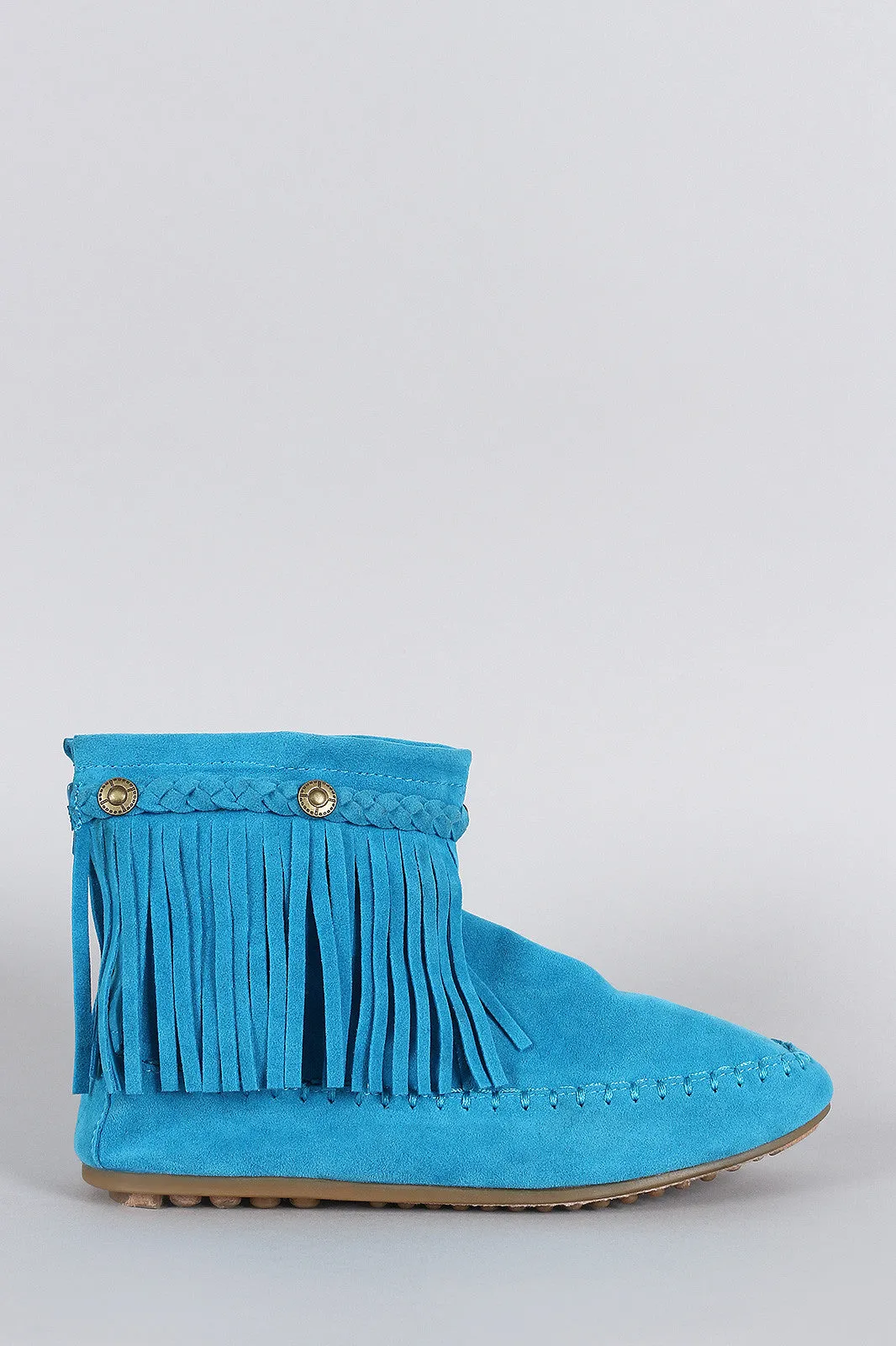 Suede Button Braided Fringe Round Toe Booties