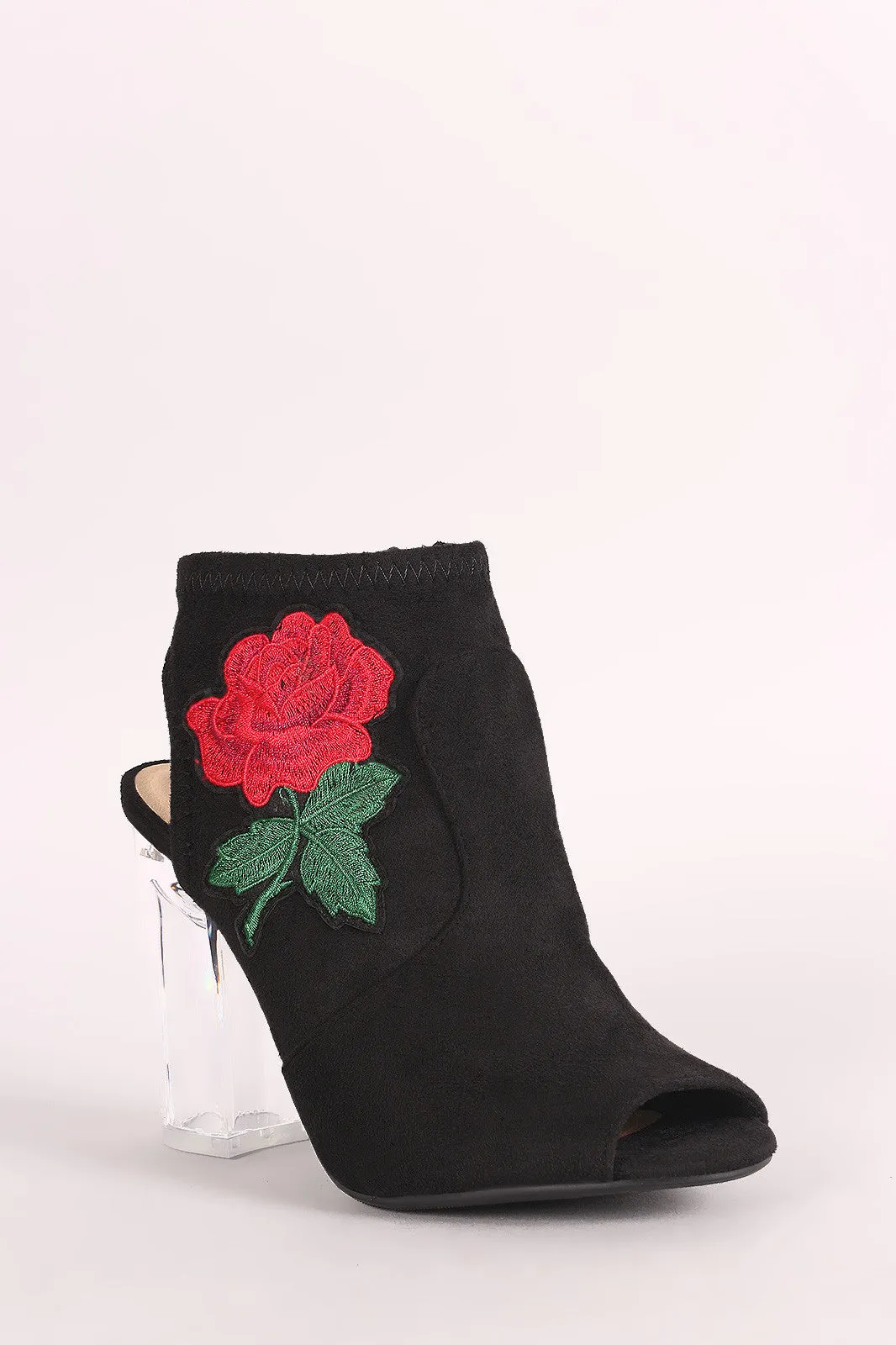 Suede Embroidered Rosette Chunky Perspex Heeled Mule Booties