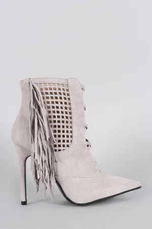 Suede Perforated Fringe Pointy Toe Stiletto Booties