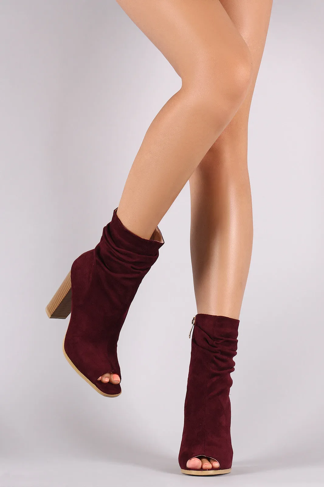 Suede Slouchy Peep Toe Chunky Heeled Ankle Boots