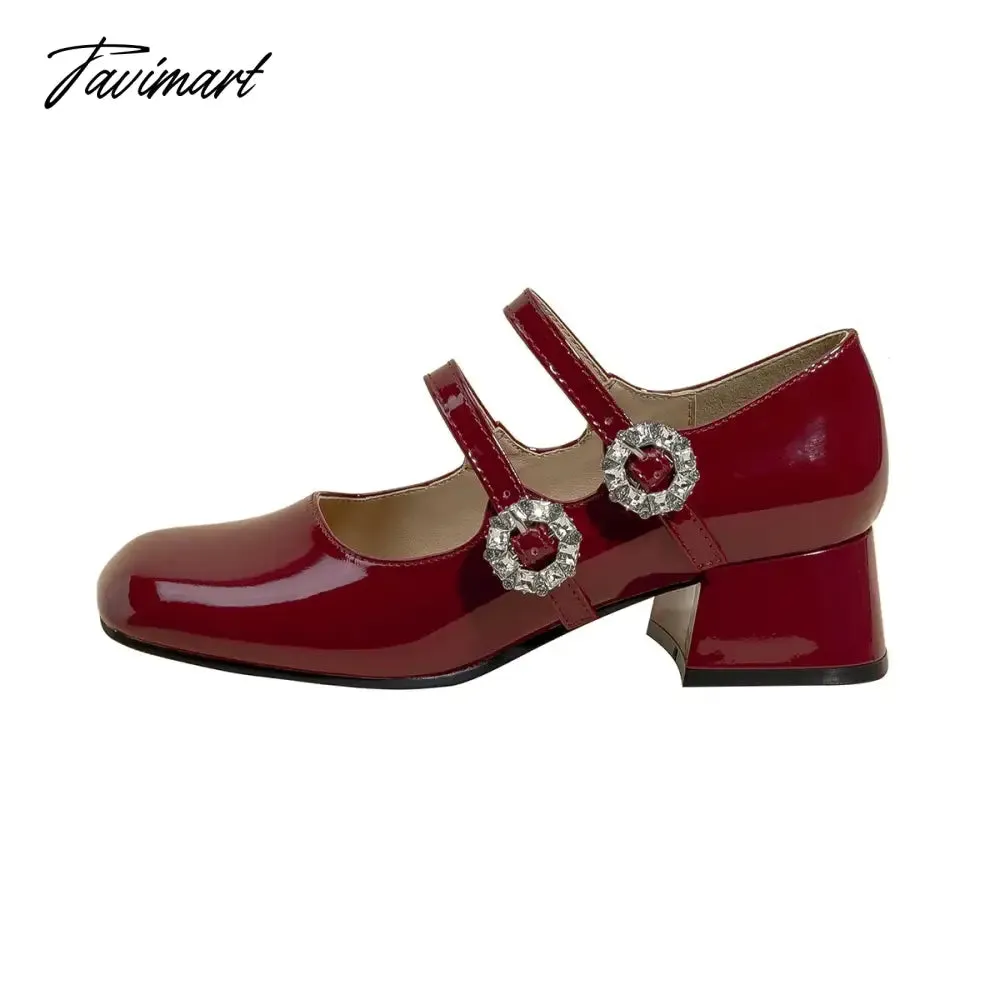 Tavimart 2024 New Spring Flats Fashion Mary Jane Shoes Square Toe Women's Shoes Retro Rhinestone Buckle PU Wine Red Women Pumps