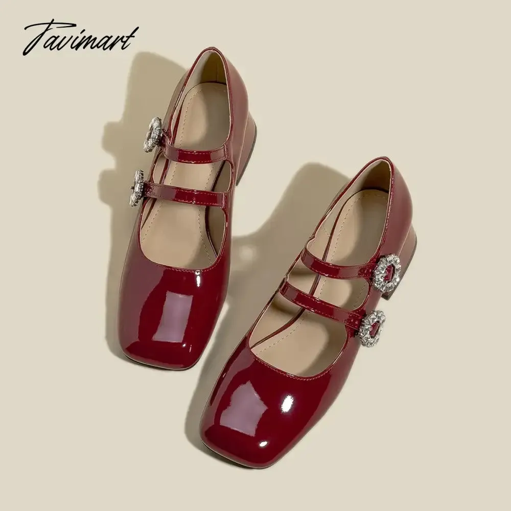 Tavimart 2024 New Spring Flats Fashion Mary Jane Shoes Square Toe Women's Shoes Retro Rhinestone Buckle PU Wine Red Women Pumps