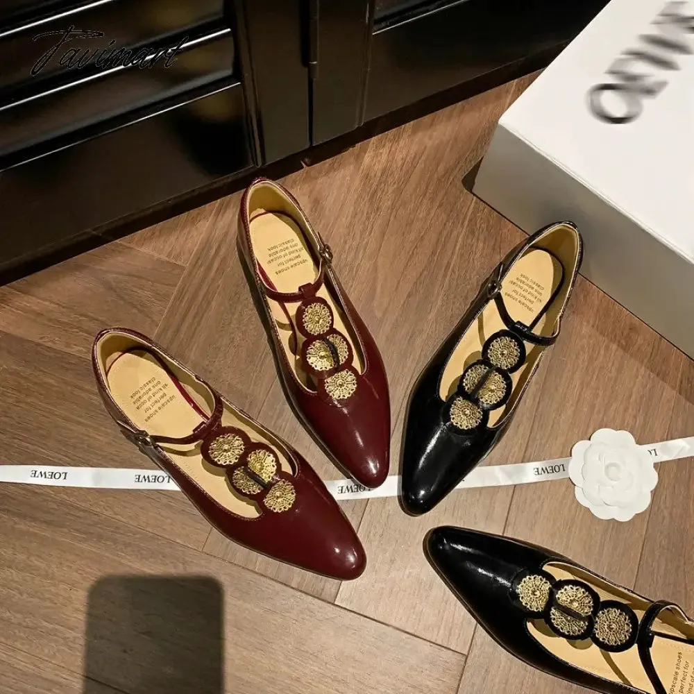 TAVIMART  - Design Chic Pointy Toe T-strap Buckle Women Mary Jane Shoes Patent Leather Casual Flat Shoes Gilding Decoration Flats Size 41 42