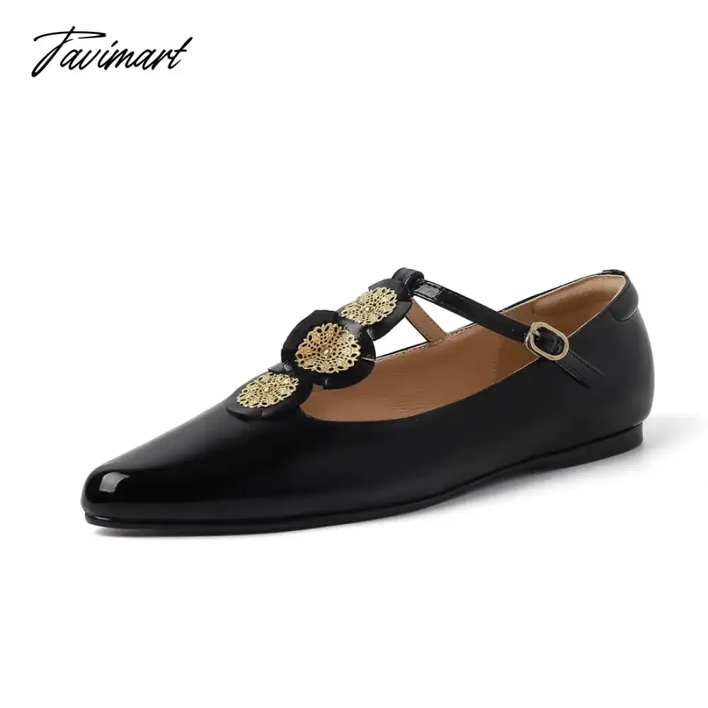 TAVIMART  - Design Chic Pointy Toe T-strap Buckle Women Mary Jane Shoes Patent Leather Casual Flat Shoes Gilding Decoration Flats Size 41 42