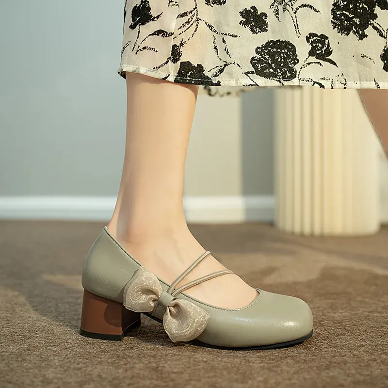 TAVIMART  -  Fashion Retro Bow Women's Mary Jane Shoes Spring Autumn Round Head Thick Heel Light Mouth Cheongsam Ladies Single Shoes