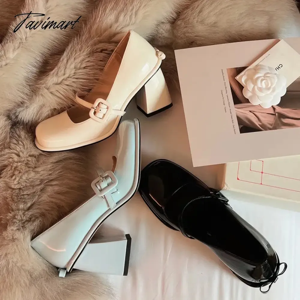 Tavimart New Popular Lacquer Leather High Heels with Bow Tie Square Head Mary Jane Women's Shoe Academy Style Light Blue Sandals