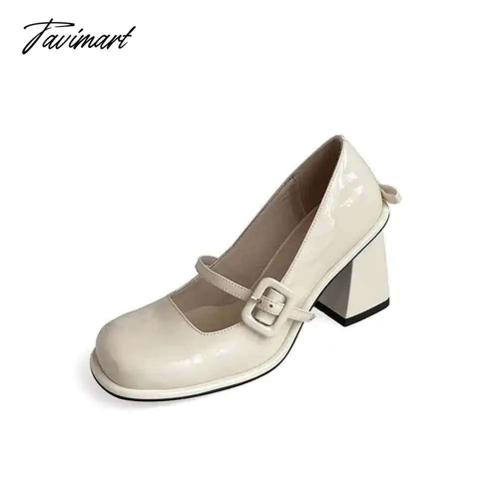 Tavimart New Popular Lacquer Leather High Heels with Bow Tie Square Head Mary Jane Women's Shoe Academy Style Light Blue Sandals