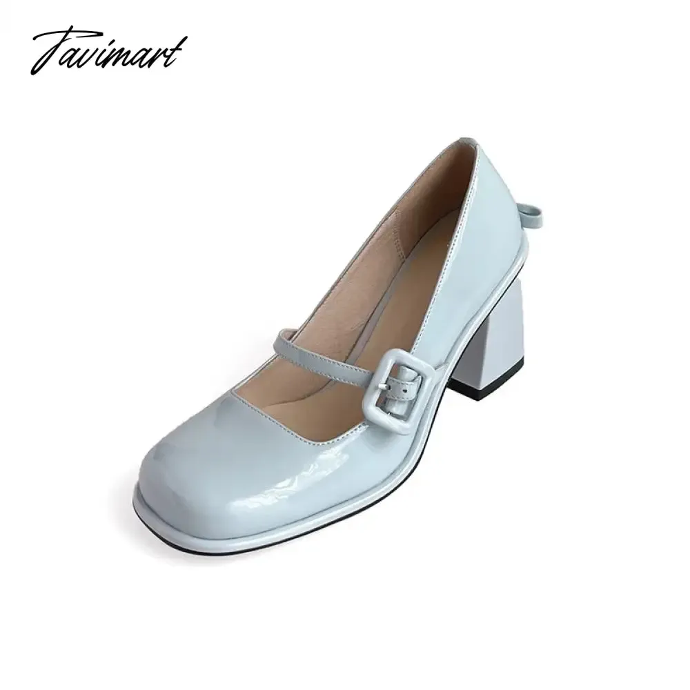 Tavimart New Popular Lacquer Leather High Heels with Bow Tie Square Head Mary Jane Women's Shoe Academy Style Light Blue Sandals