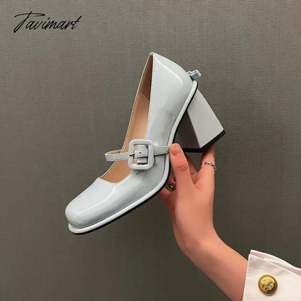 Tavimart New Popular Lacquer Leather High Heels with Bow Tie Square Head Mary Jane Women's Shoe Academy Style Light Blue Sandals