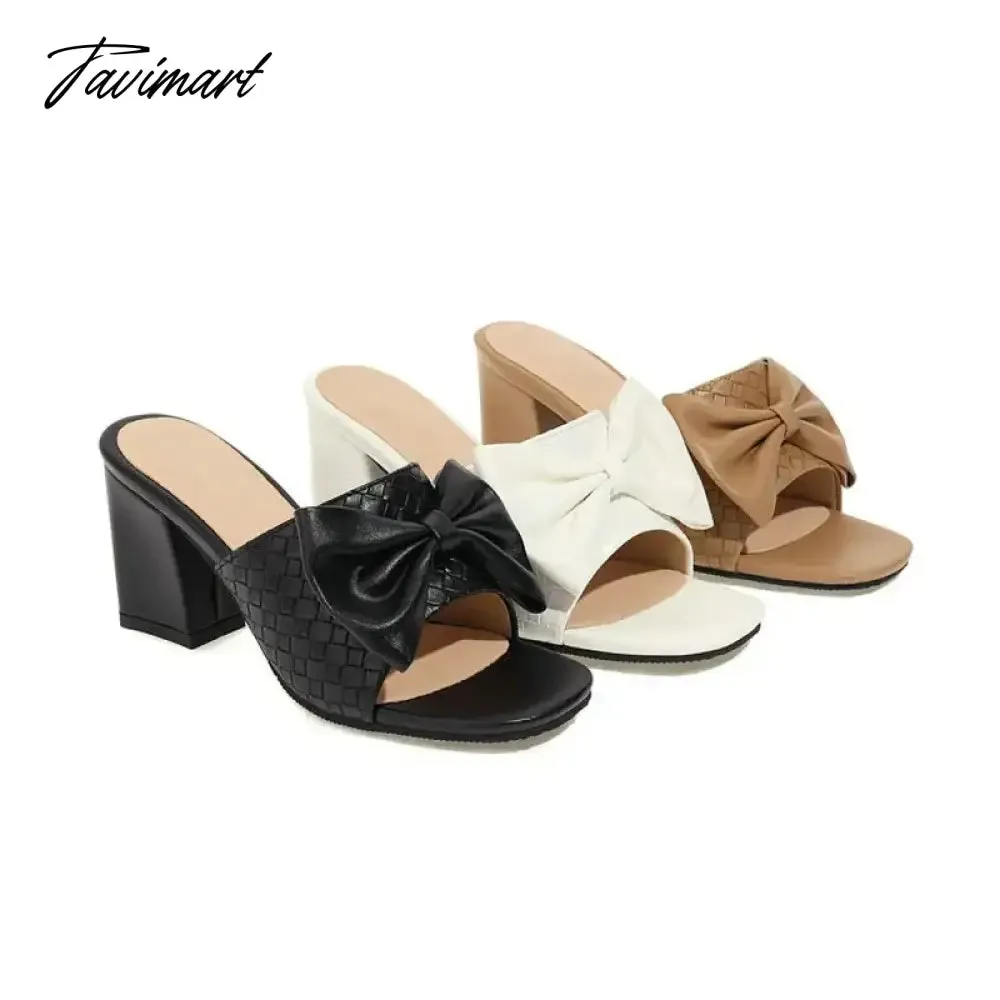 Tavimart Weaved Pattern Open Toe Block High Heels Woman Slippers With Big Bowtie Woman Mules Slides Sandals Extra Big Size 46 47 48