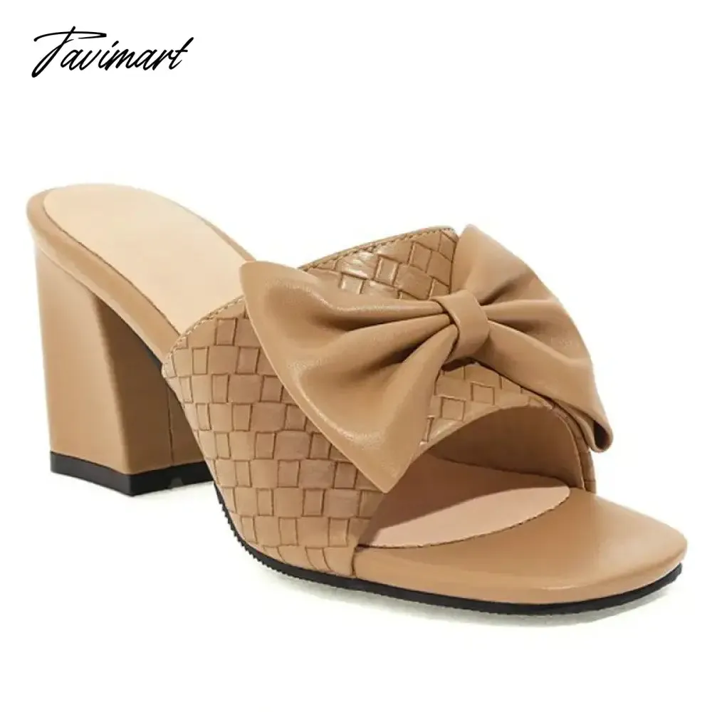 Tavimart Weaved Pattern Open Toe Block High Heels Woman Slippers With Big Bowtie Woman Mules Slides Sandals Extra Big Size 46 47 48