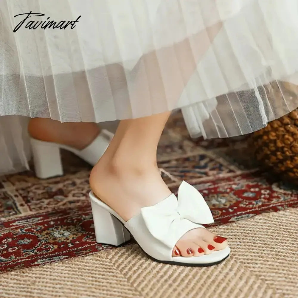 Tavimart Weaved Pattern Open Toe Block High Heels Woman Slippers With Big Bowtie Woman Mules Slides Sandals Extra Big Size 46 47 48