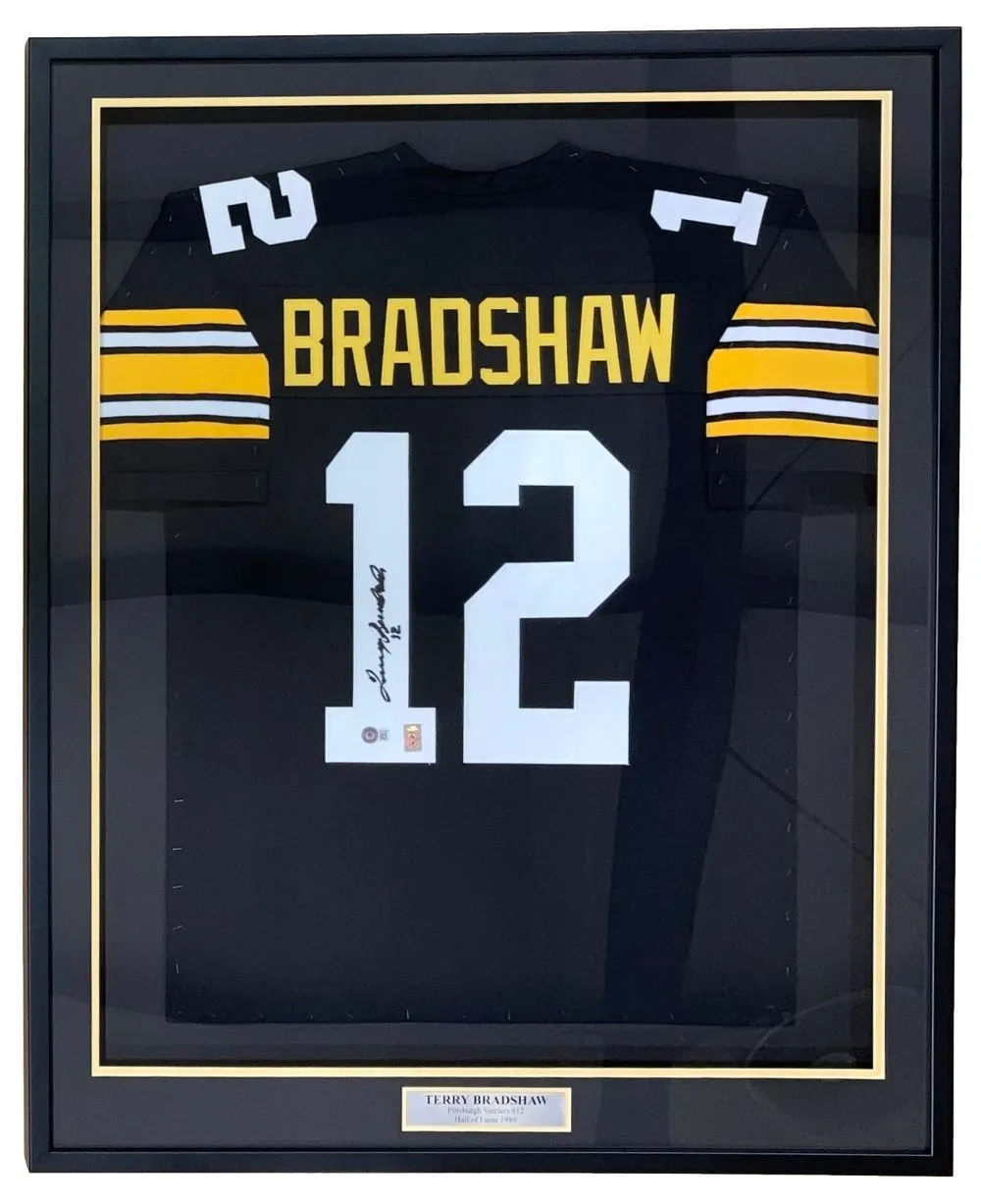 Terry Bradshaw Pittsburgh Signed Framed Black Football Jersey BAS