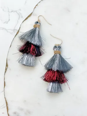 Tinsel Tiered Tassel Earrings - Silver & Burgundy