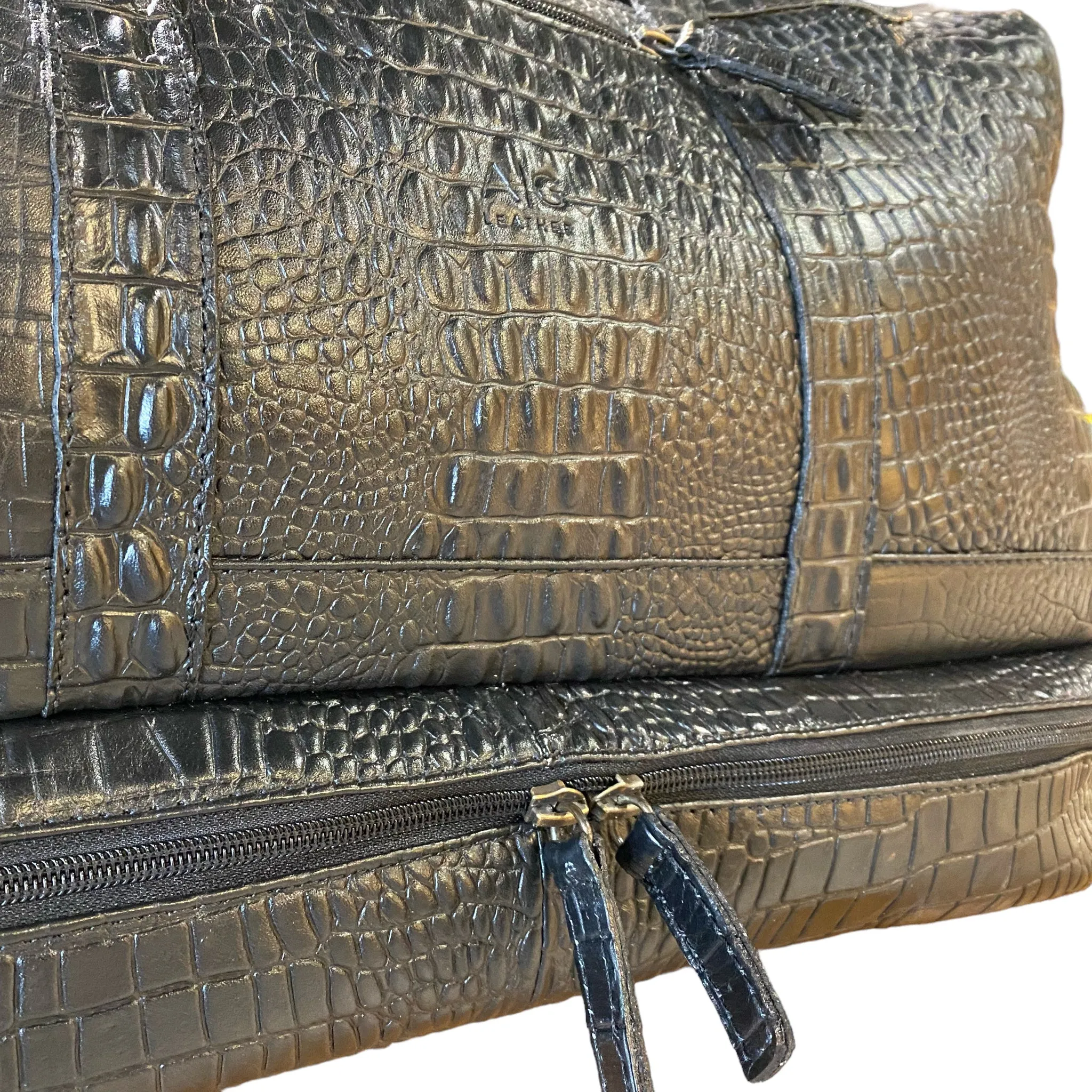 Weekender Bag with shoe compartment in Black color croc embossed Leather - Professional Players Favorite
 - FINAL SALE NO EXCHANGE