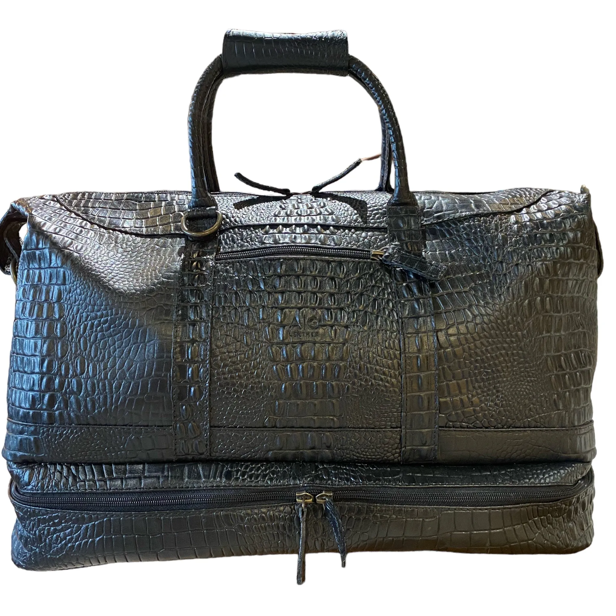 Weekender Bag with shoe compartment in Black color croc embossed Leather - Professional Players Favorite
 - FINAL SALE NO EXCHANGE