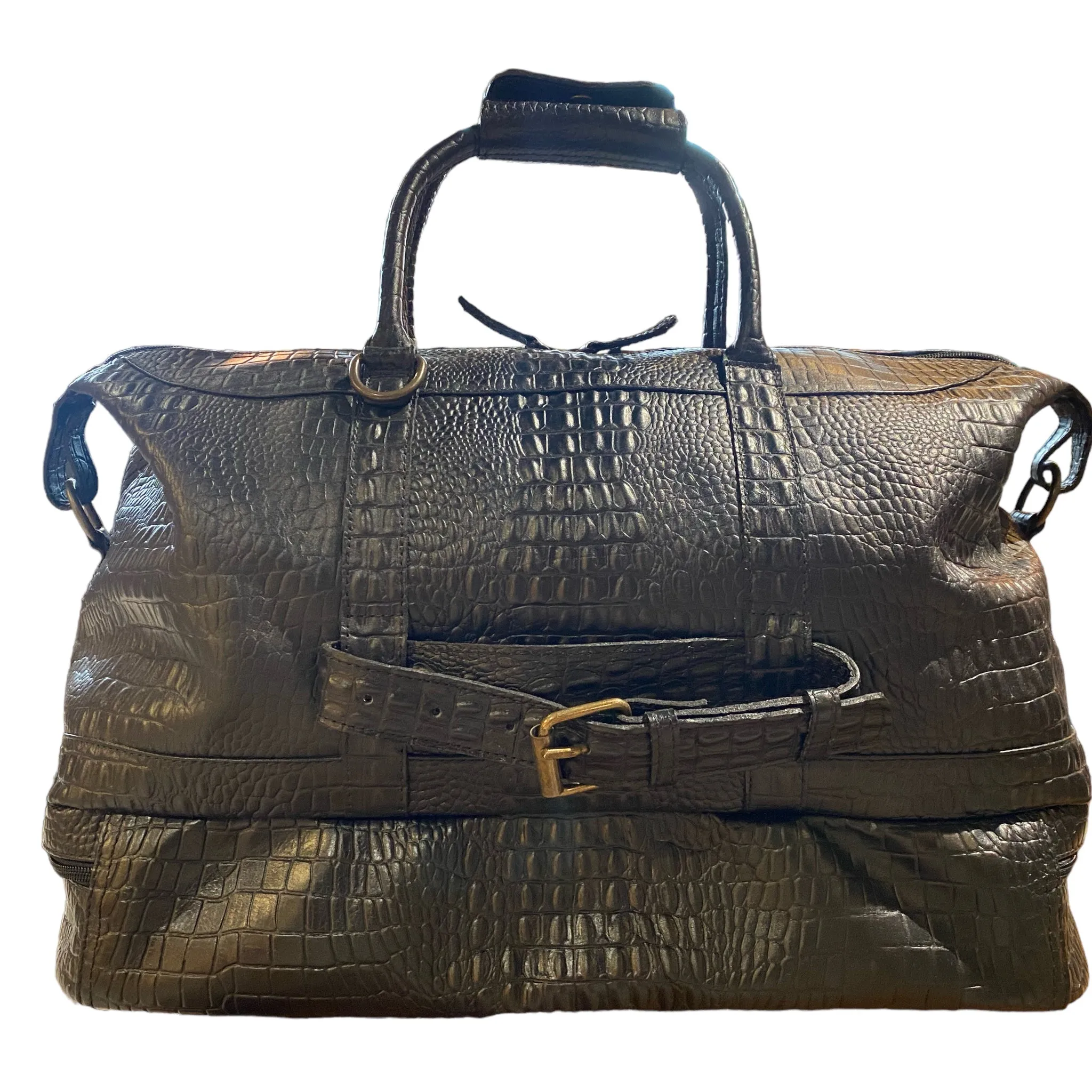 Weekender Bag with shoe compartment in Black color croc embossed Leather - Professional Players Favorite
 - FINAL SALE NO EXCHANGE