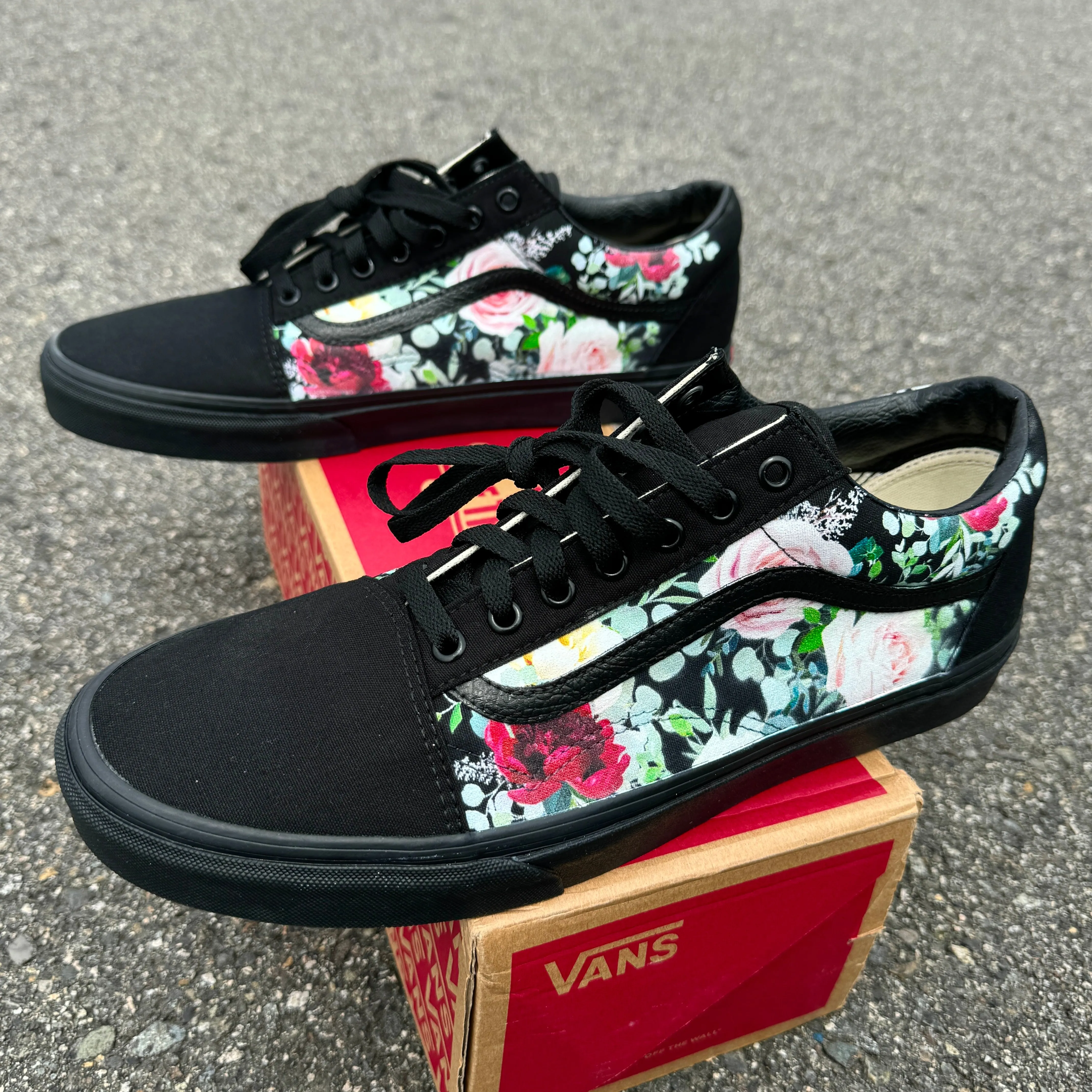 Whimsical Roses on Black/Black Vans Old Skool Shoes - Custom Vans Shoes for Women and Men