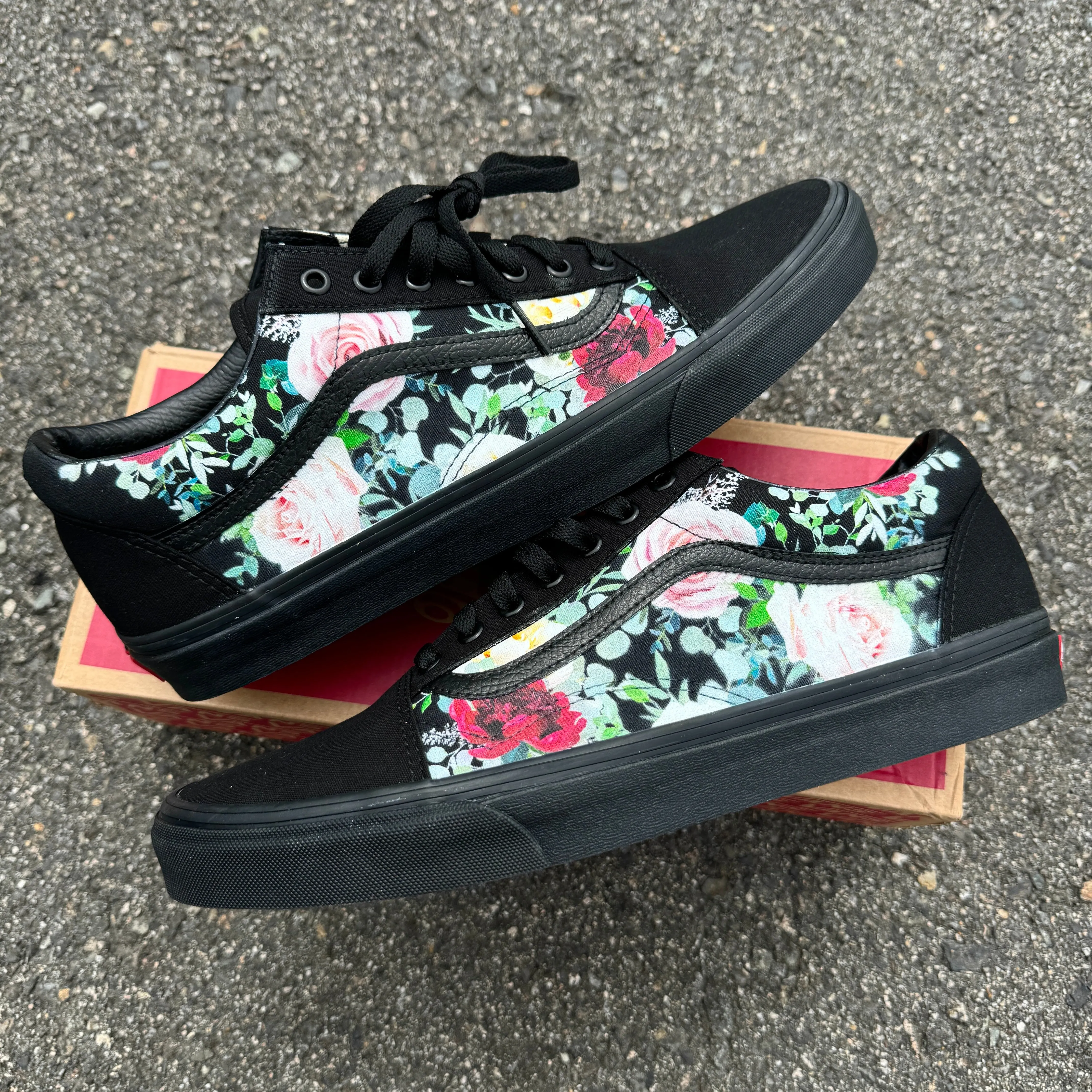 Whimsical Roses on Black/Black Vans Old Skool Shoes - Custom Vans Shoes for Women and Men