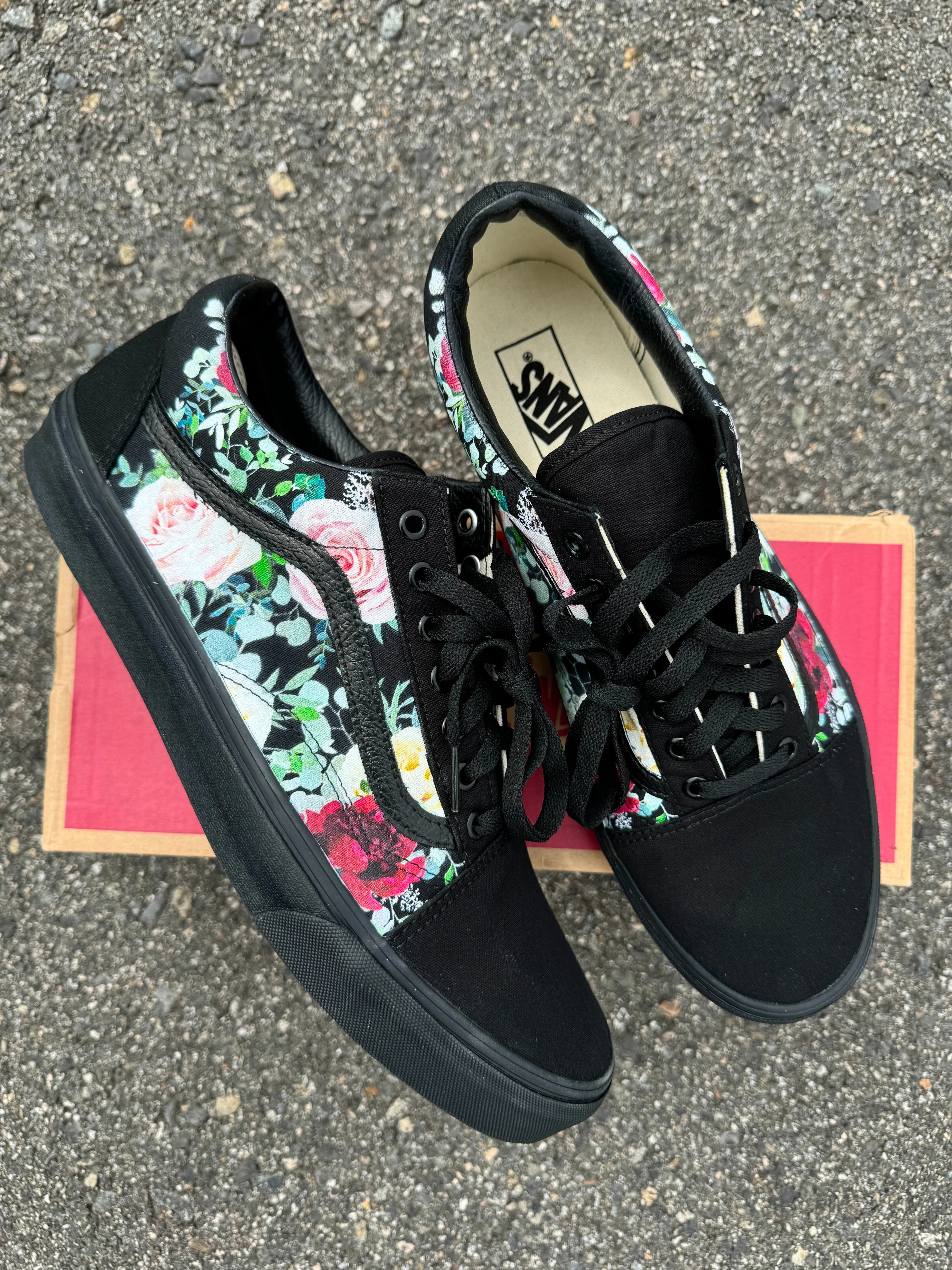 Whimsical Roses on Black/Black Vans Old Skool Shoes - Custom Vans Shoes for Women and Men