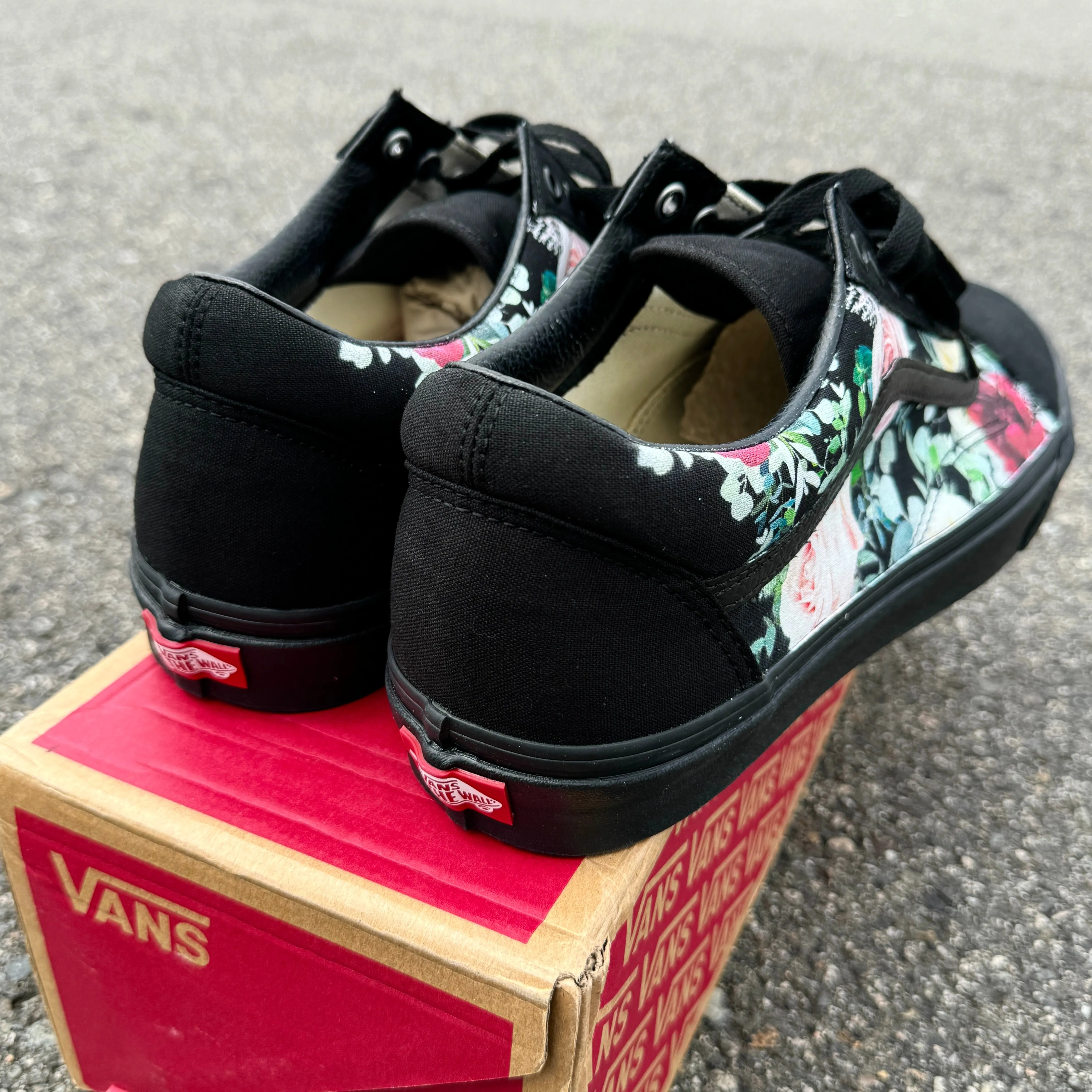 Whimsical Roses on Black/Black Vans Old Skool Shoes - Custom Vans Shoes for Women and Men