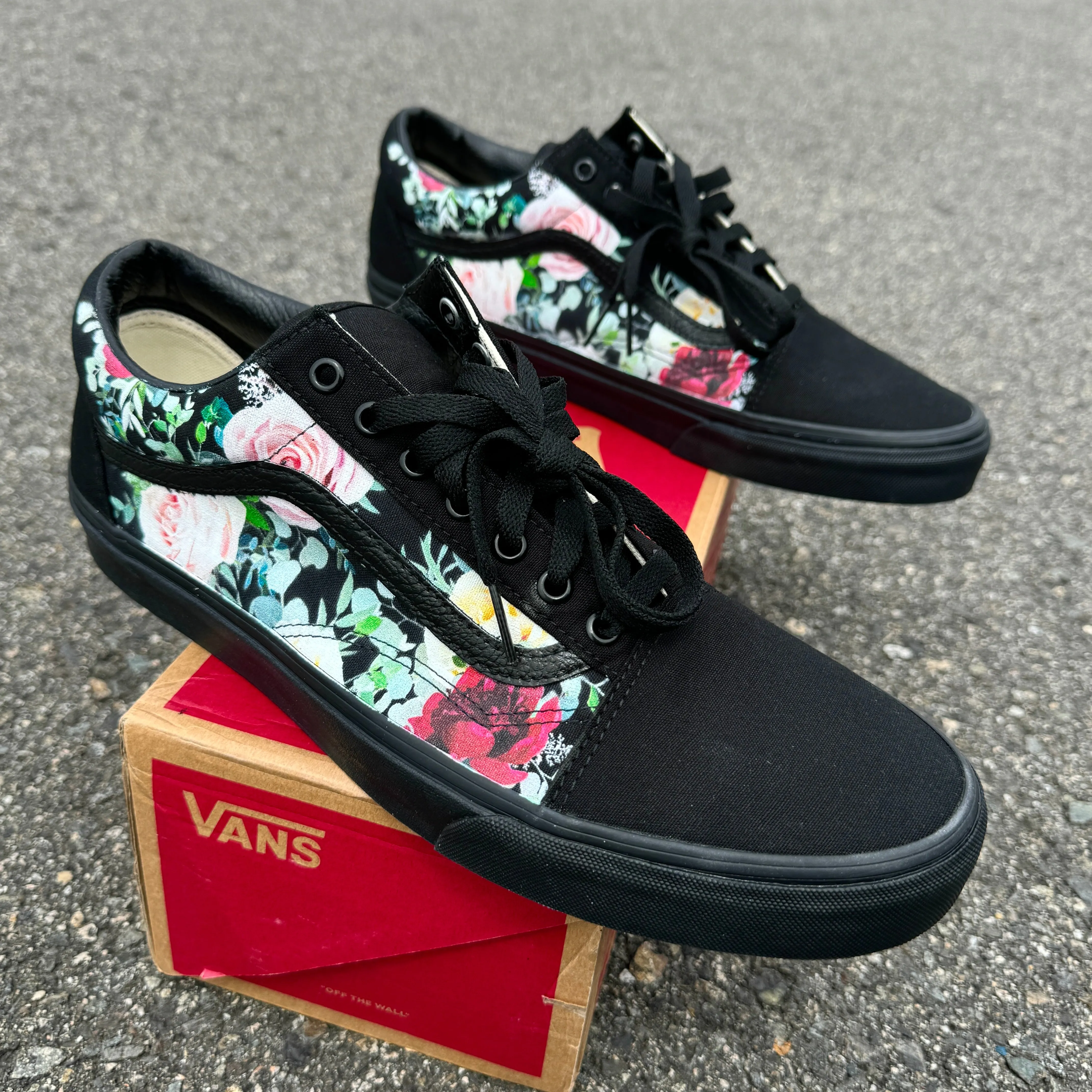 Whimsical Roses on Black/Black Vans Old Skool Shoes - Custom Vans Shoes for Women and Men