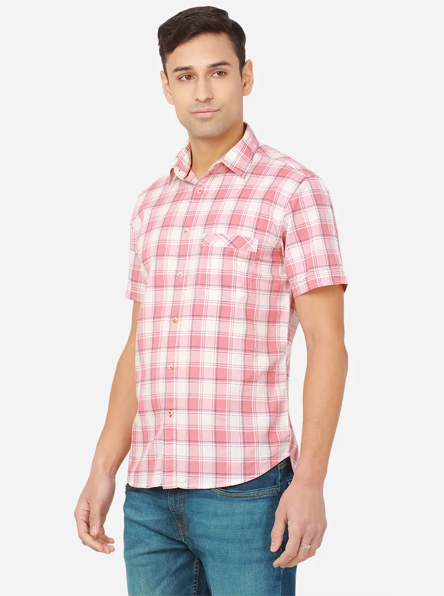 White & Rosette Pink Checked Slim Fit Semi Casual Shirt | Greenfibre