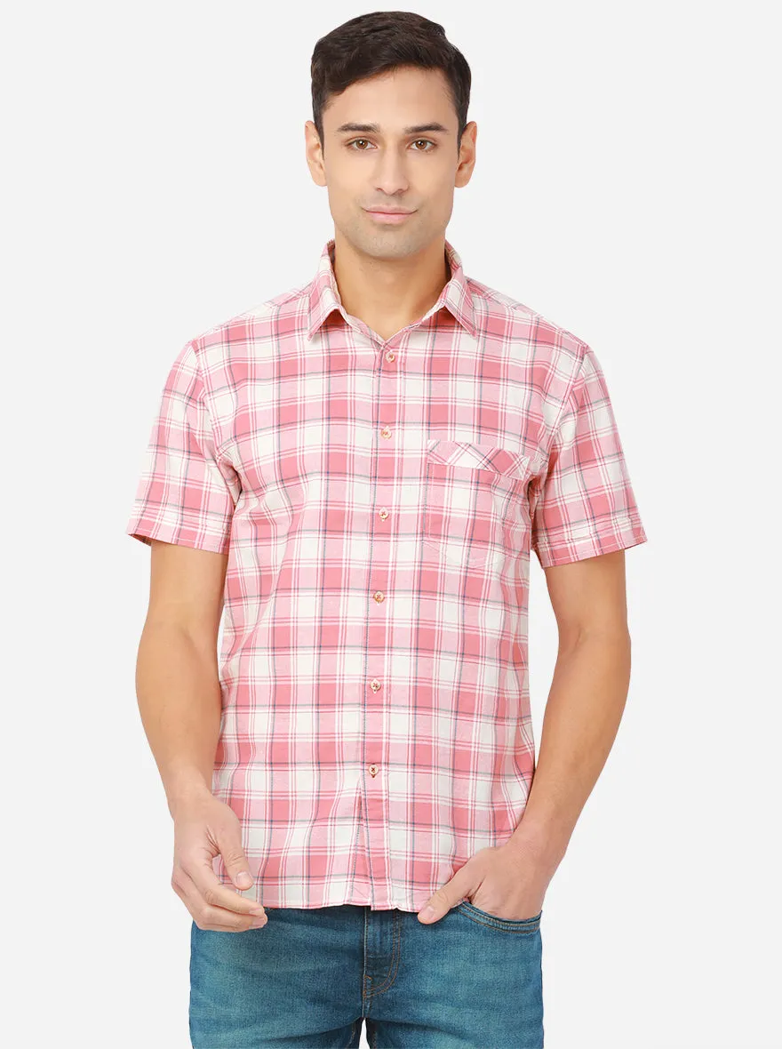 White & Rosette Pink Checked Slim Fit Semi Casual Shirt | Greenfibre