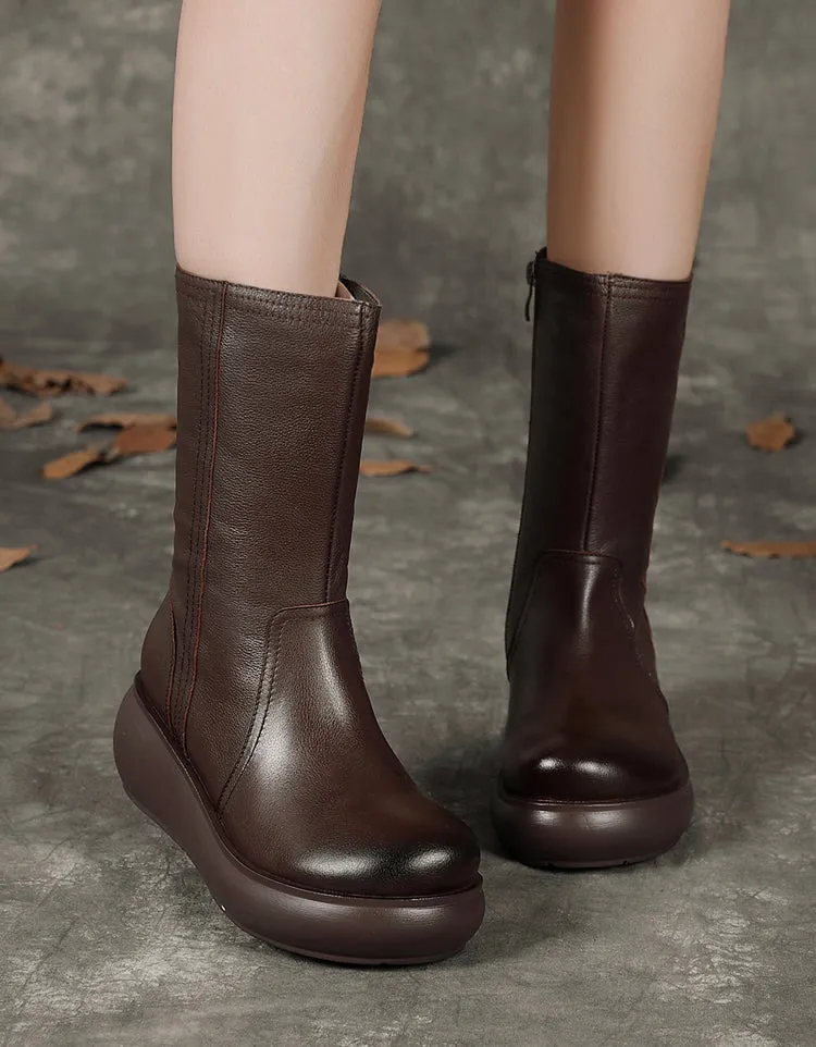 Winter Autumn Handmade Mid Calf Retro Wedge Boots