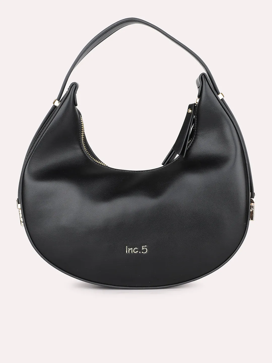 Women Black Solid PU Half Moon Resizeable Shoulder Bag