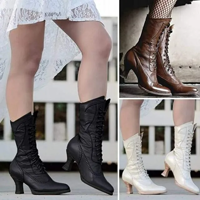 Women dress medium block heel lace up mid calf boots