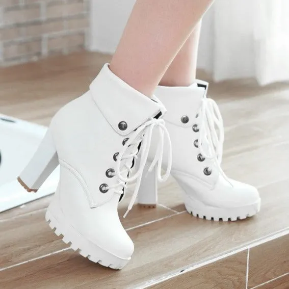 Women England style criss cross lace up chunky high heel platform boots