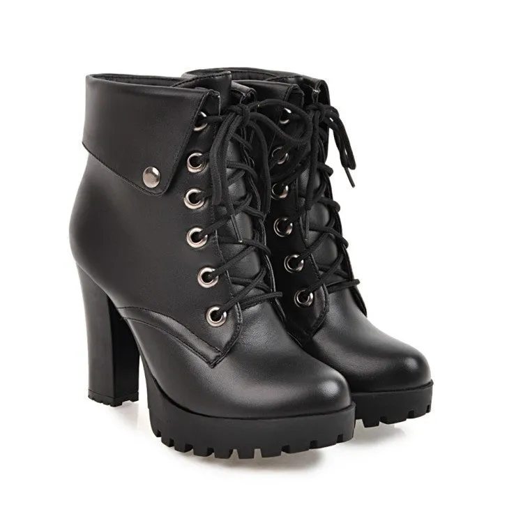 Women England style criss cross lace up chunky high heel platform boots