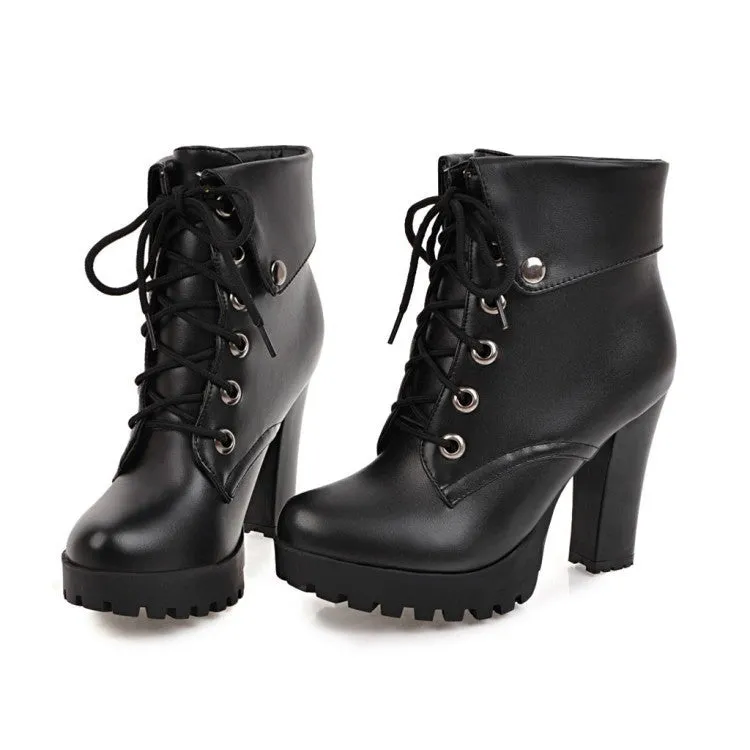 Women England style criss cross lace up chunky high heel platform boots