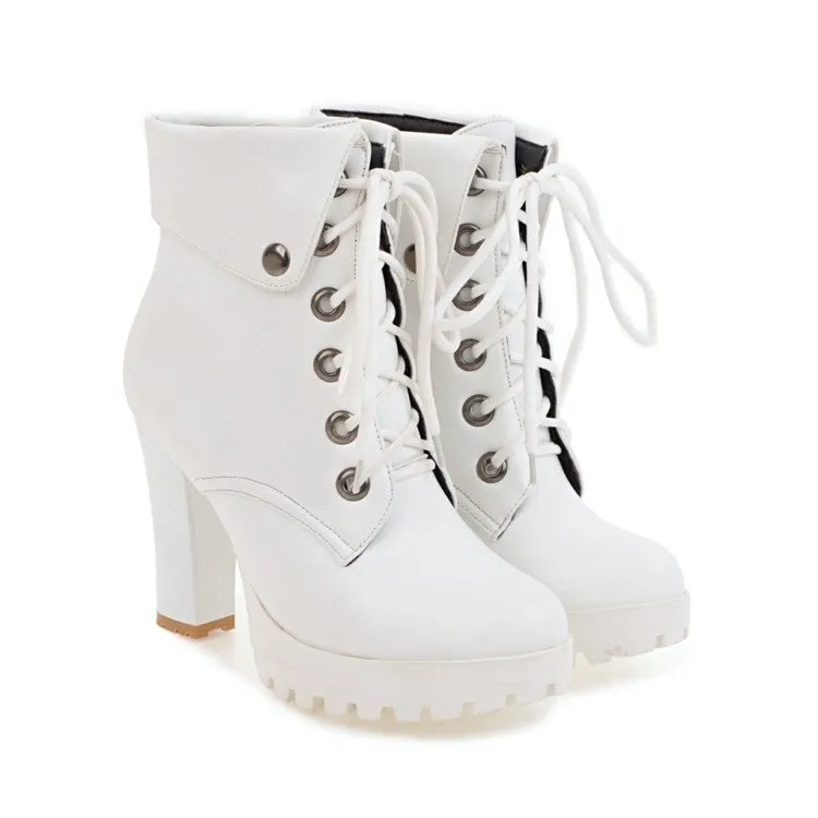 Women England style criss cross lace up chunky high heel platform boots