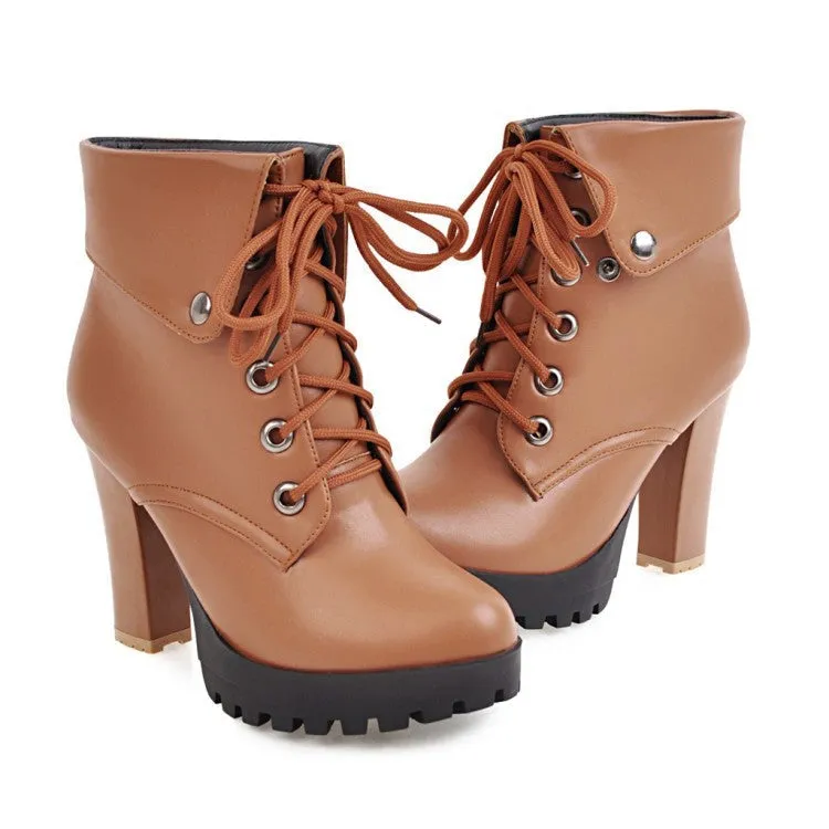 Women England style criss cross lace up chunky high heel platform boots