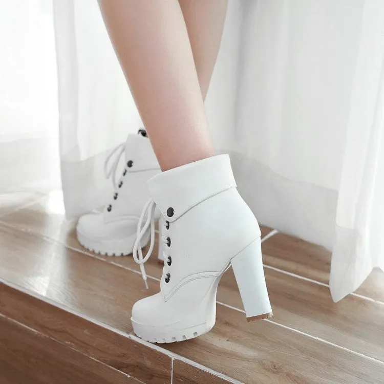 Women England style criss cross lace up chunky high heel platform boots