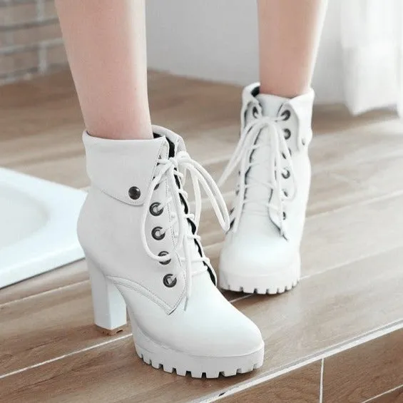 Women England style criss cross lace up chunky high heel platform boots