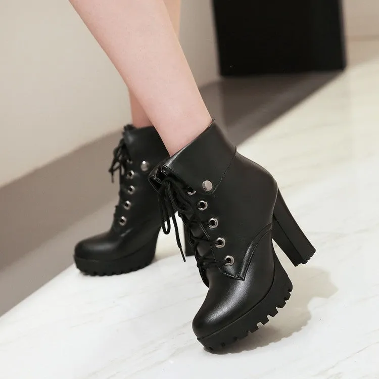 Women England style criss cross lace up chunky high heel platform boots