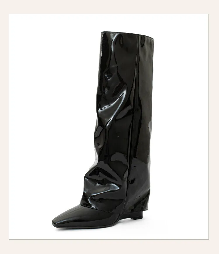 Women's Fold Wedge Heel Mid Calf Boots