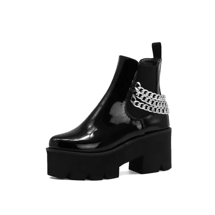 Women's Glossy Round Toe Stretch Metal Chains Block Chunky Heel Platform Short Boots