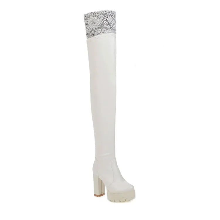 Women's Pu Leather Lace Stitching Block Heel Platform Over the Knee Boots