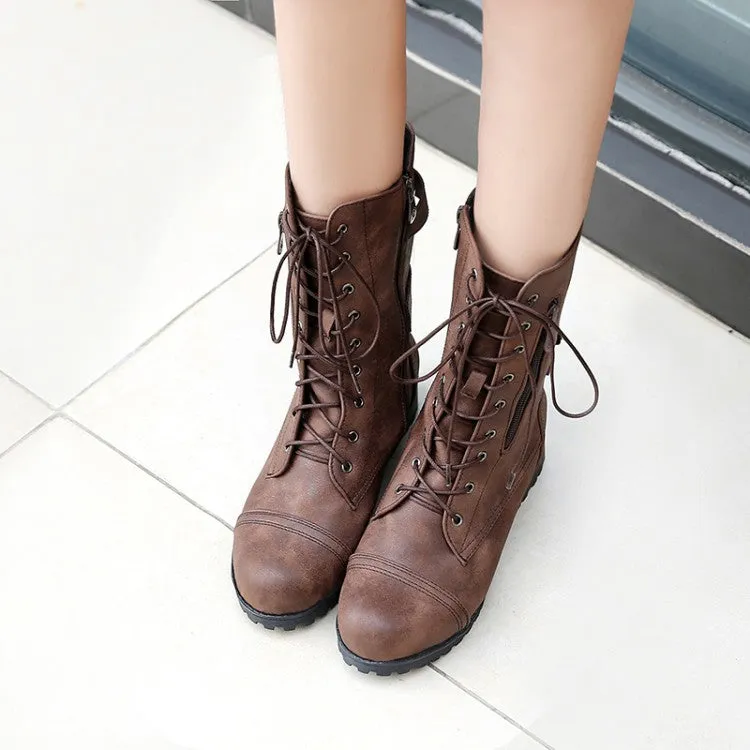 Women's Side Zippers Lace Up Block Chunky Heel Riding Short Boots