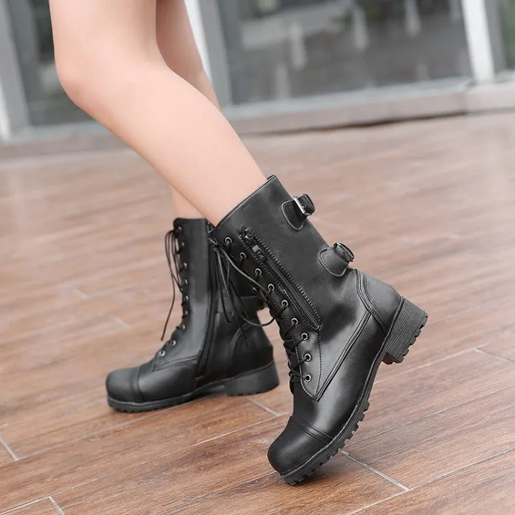 Women's Side Zippers Lace Up Block Chunky Heel Riding Short Boots