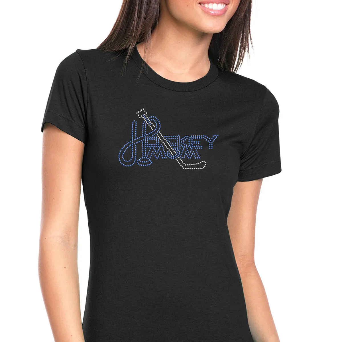 Womens T-Shirt Bling Black Fitted Tee Hockey Mom Stick Blue